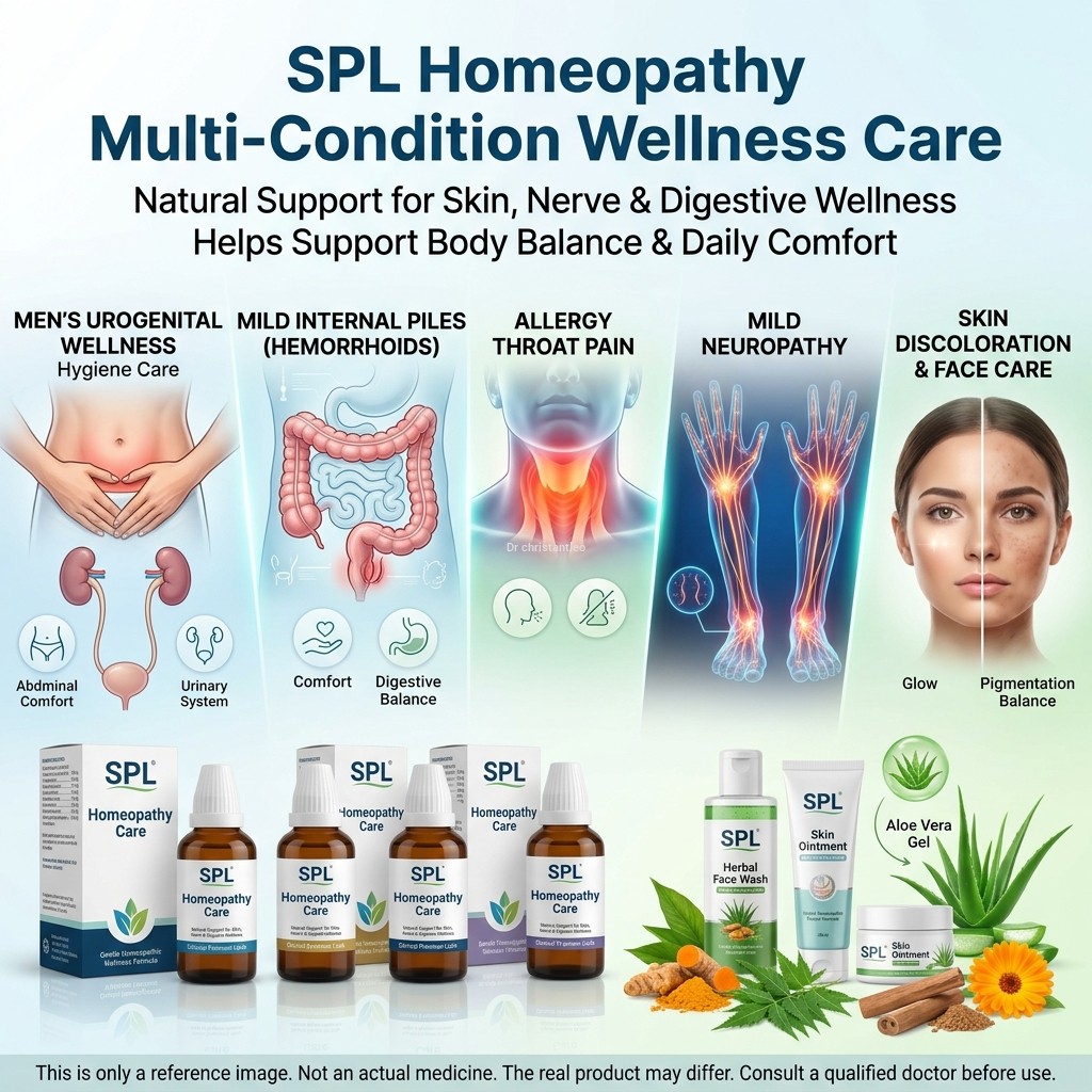 Spl homeopathy Penis infection,mild internal piles,allergy throat pain,mild neuropathy,black discolor and face ointment face wash